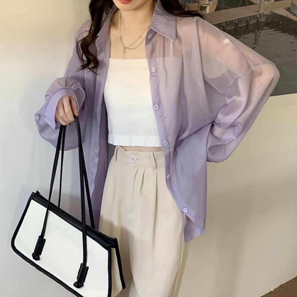 柔美透明感率性氣球袖襯衫-薰衣草 (M)