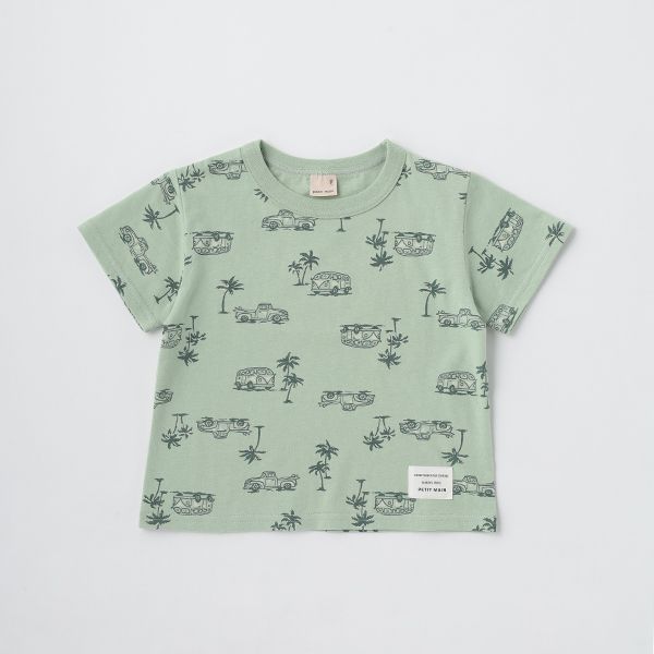 日本 petit main - 百搭印花短袖上衣-恐龍線條-卡其黃