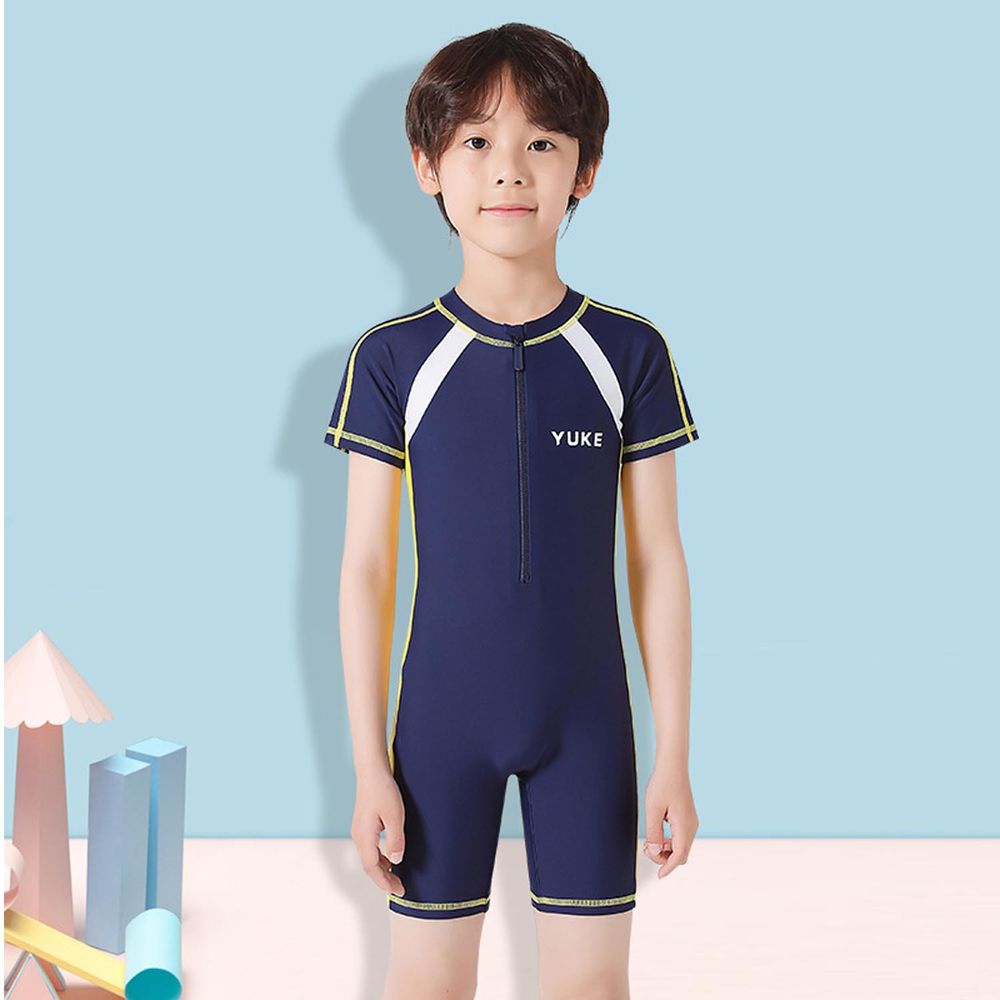 運動風男寶短袖連身泳裝-YUKE-深藍色