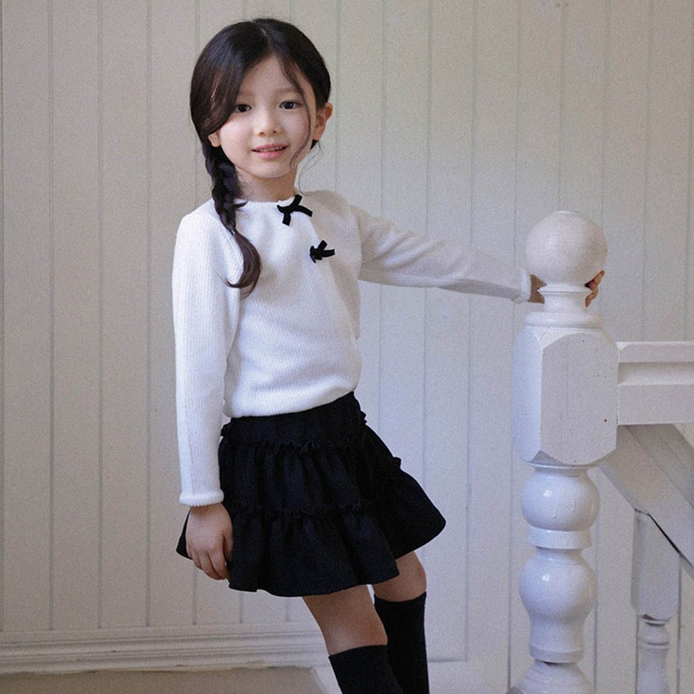 (兩件式)端莊羅紋長袖上衣X短裙套裝-白X黑