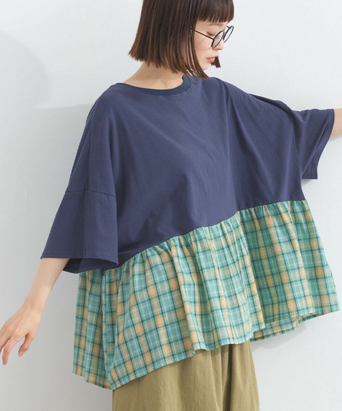 日本 Lupilien - 接觸涼感 可愛格紋休閒五分袖上衣-白