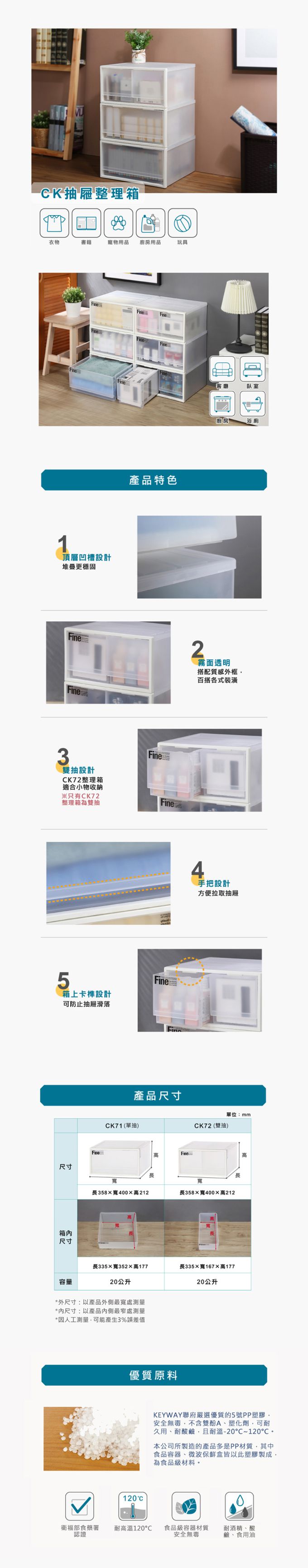 台灣KEYWAY - CK72 透白雙抽屜整理箱-2入