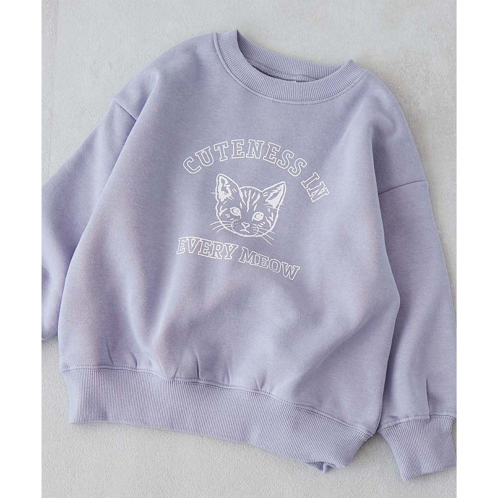 裏起毛動物印花大學T-貓咪臉-淺紫