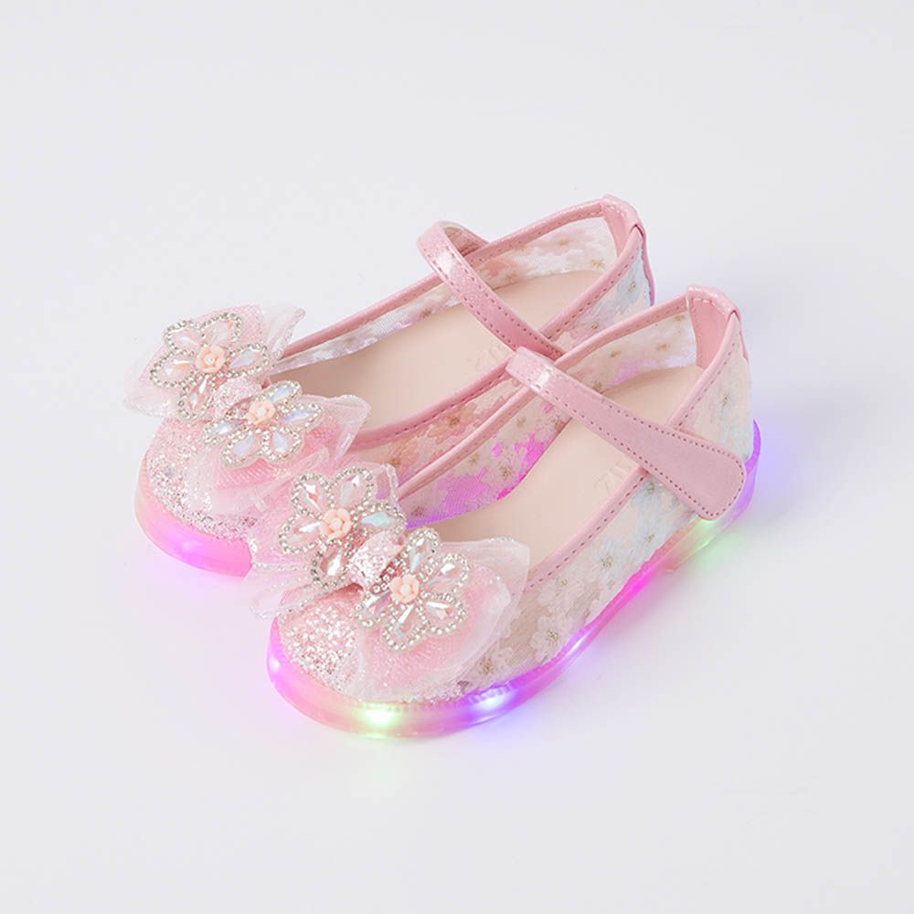 (LED)浪漫花鑽微透網紗公主鞋-淡粉