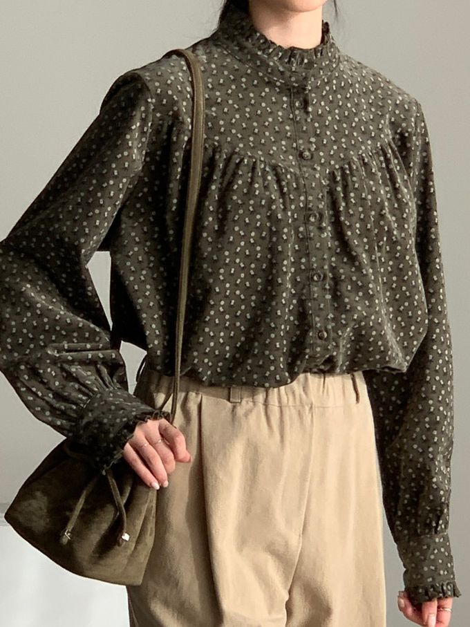 韓國女裝連線 - 滿版小花朵燈芯絨長袖襯衫-軍綠 (FREE)