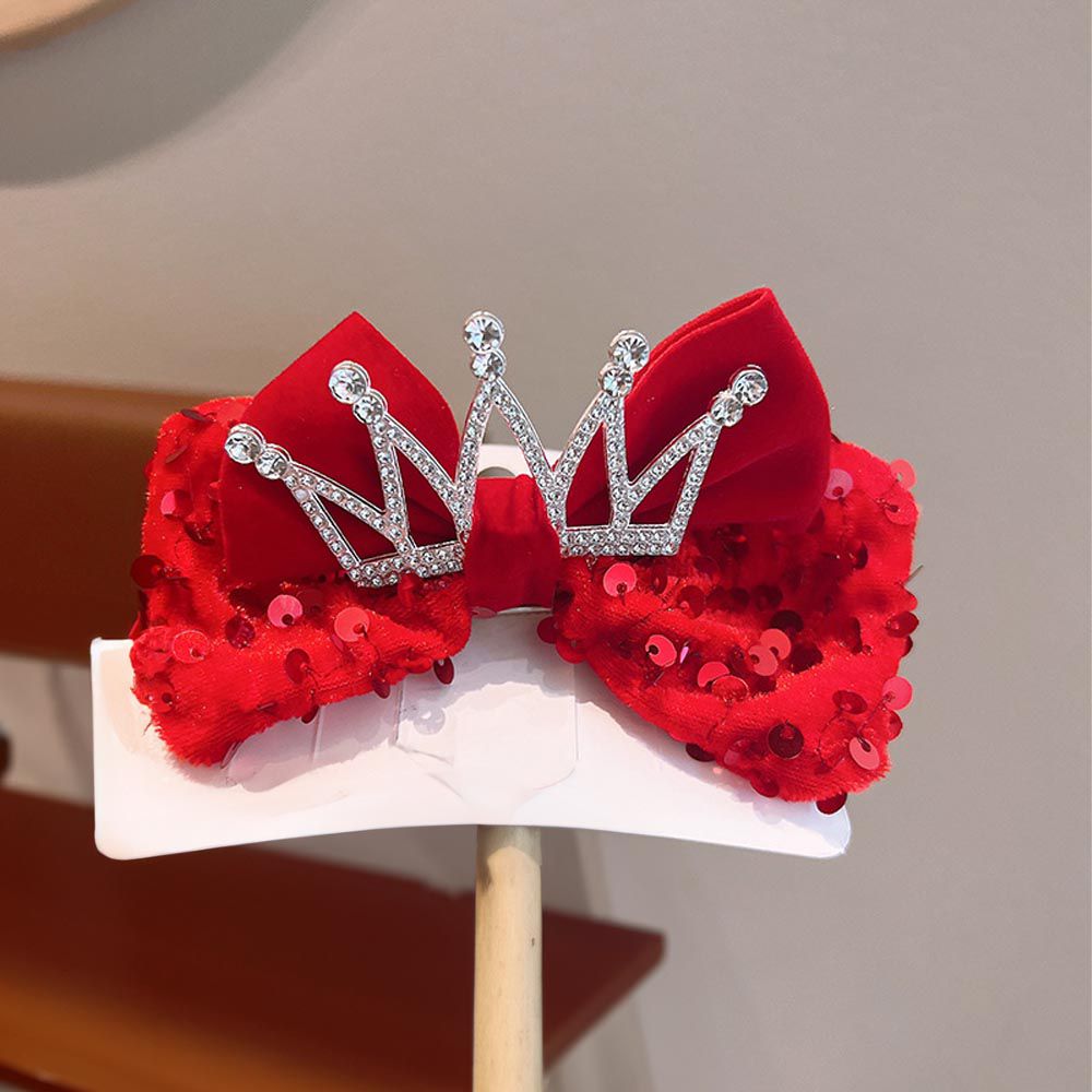 亮片立體造型皇冠蝴蝶結髮夾-紅色