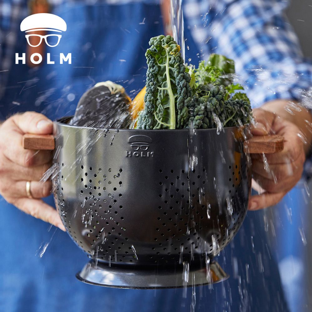 丹麥HOLM - 雙耳木柄深型鐵製蔬果瀝水盆
