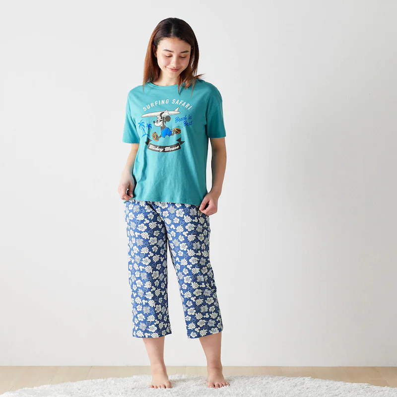 日本千趣會 - (媽媽) 迪士尼 純棉涼爽短袖家居服/睡衣-米奇衝浪-藍x灰藍