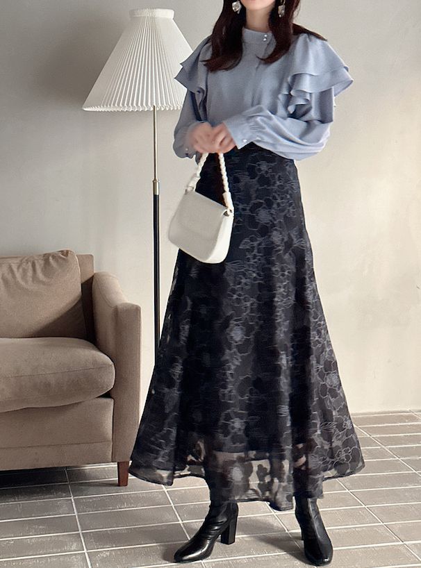 日本 GRL - 芍藥花刺繡修身長裙-簡約黑