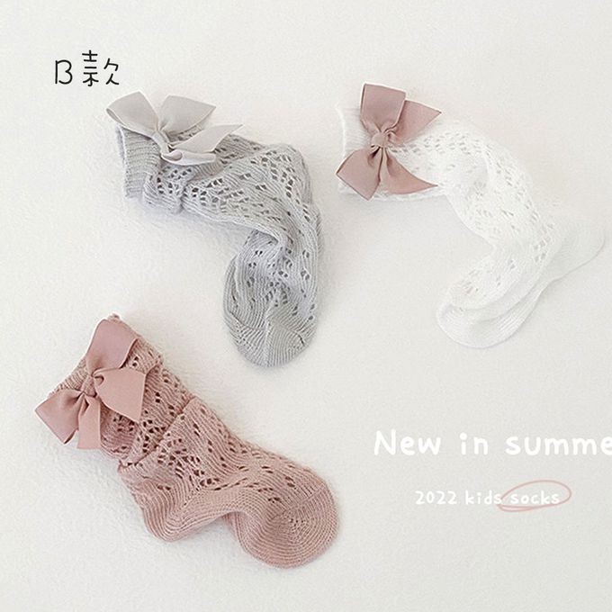 JB clothes - 三入一組-1102蝴蝶結網眼中筒襪-B款(粉灰白)