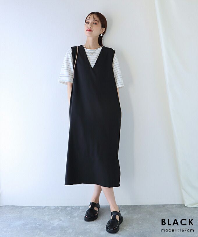 日本 BLUE EAST - 2WAY率性簡約V領連身洋裝/背心裙-黑