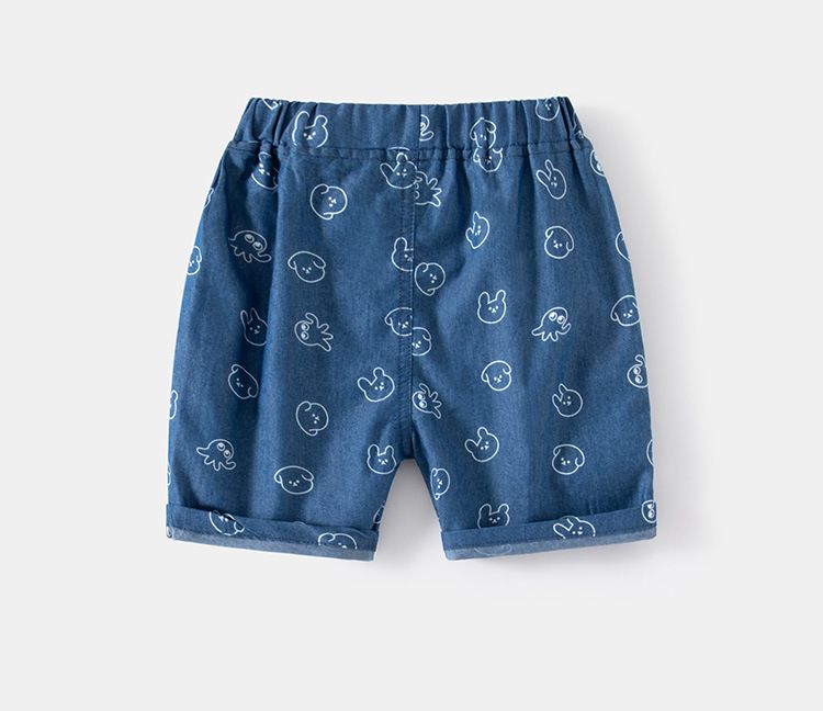 WELLKIDS - 腰鬆緊休閒牛仔五分褲-萌萌小動物-深藍色