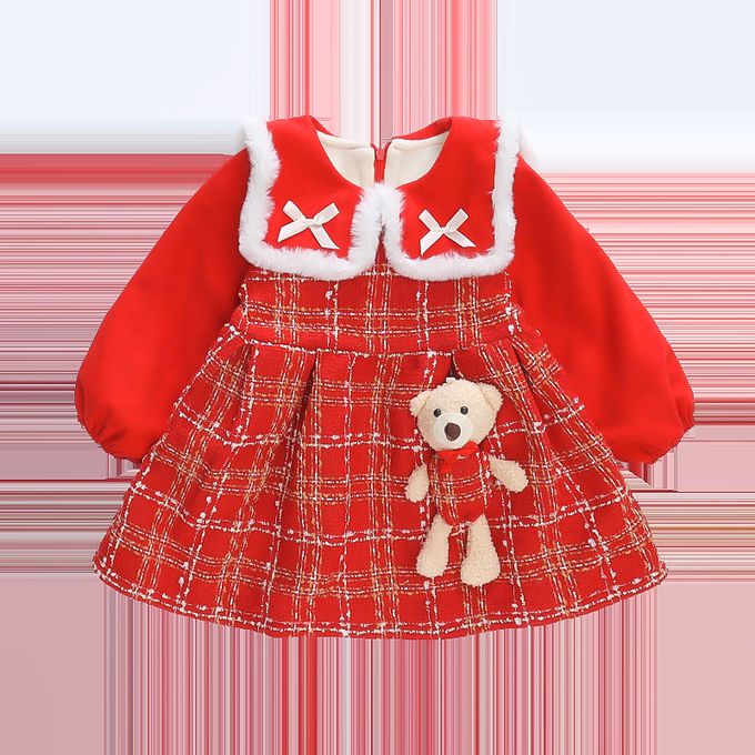 加厚翻領格紋連身裙-立體熊熊-紅色
