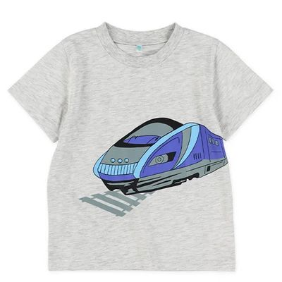 日本西松屋 - 電車駛進印花短袖上衣-淺灰