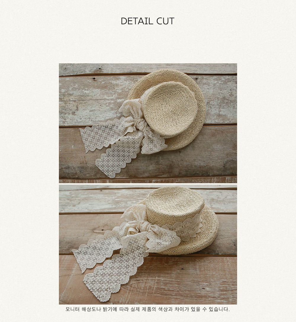 韓國 Puellaflo - 寬版蕾絲蝴蝶結草帽 (3-7Y適用)