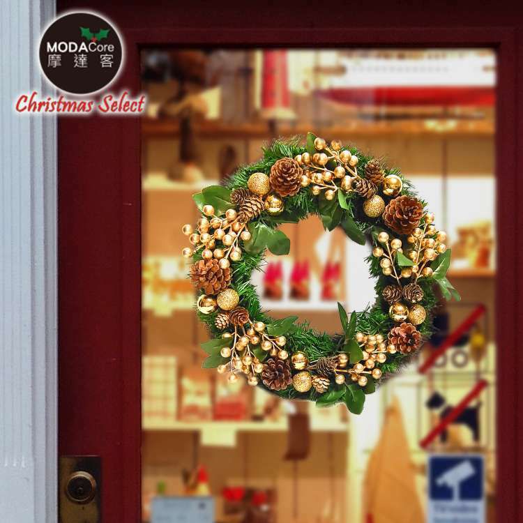 MODACore 摩達客 - 摩達客耶誕-台製歐風典雅14吋大地盛宴金球果松果聖誕花圈_福臨圈(免組裝/台灣設計手工藝製)