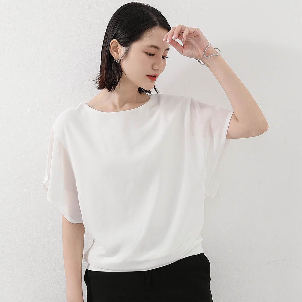 氣質雪紡透膚荷葉袖上衣-白色