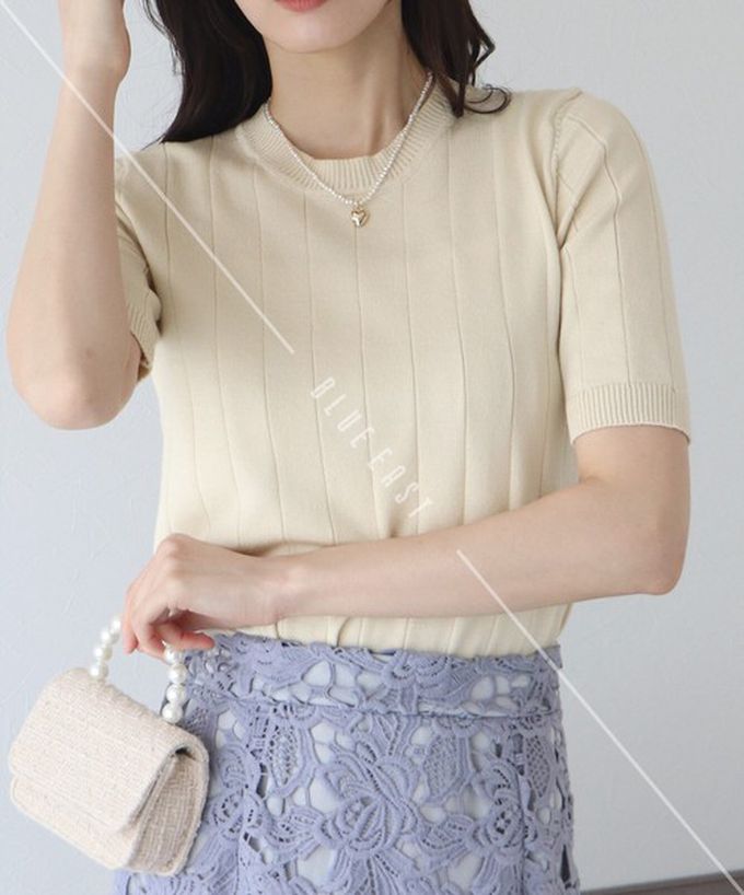 日本 BLUE EAST - 羅紋彈性薄針織五分袖上衣-薄荷綠