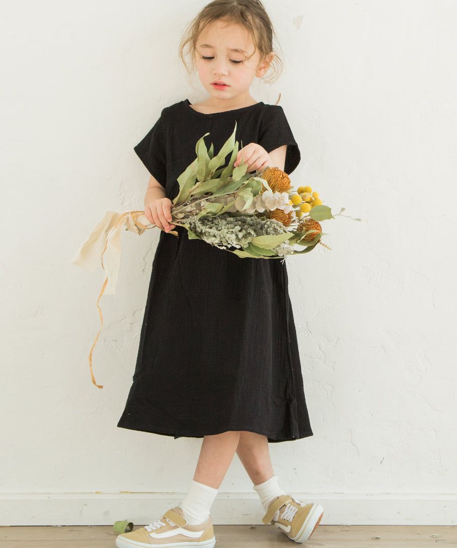 日本 PAIRMANON - 純棉微皺感短袖素色洋裝(孩子)-紅