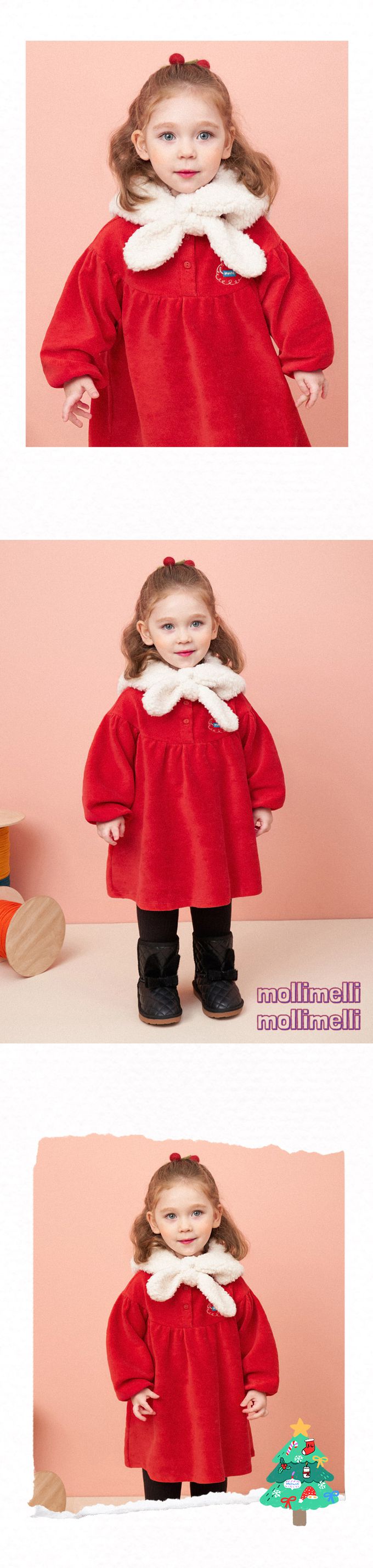 韓國 mollimelli - (含帽子)molli刺繡燈芯絨連身洋裝-紅