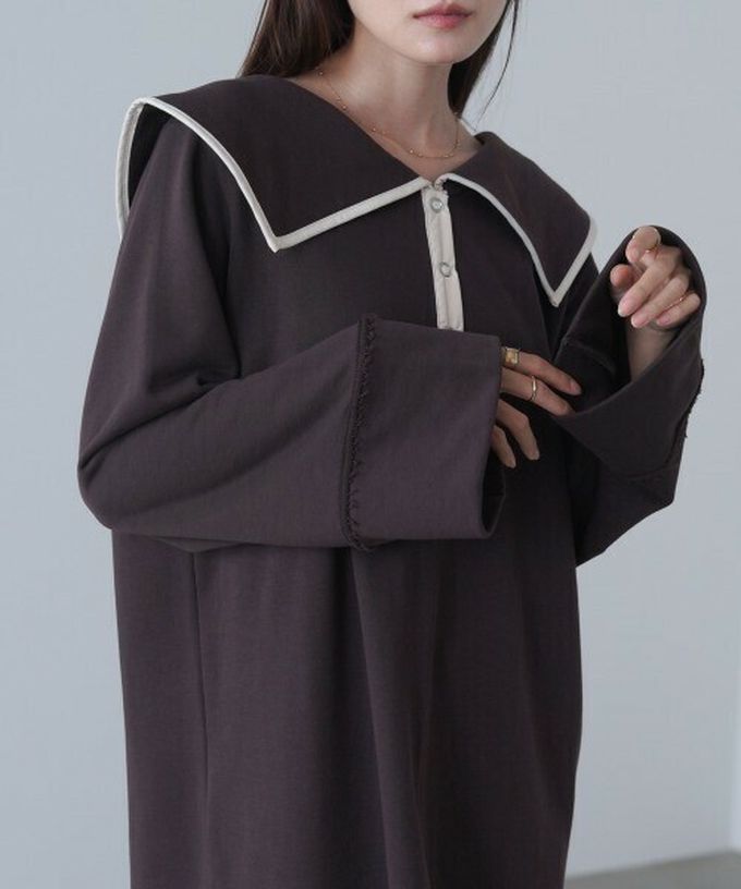 日本 Bab - 滾邊個性大翻領休閒長袖洋裝-深灰