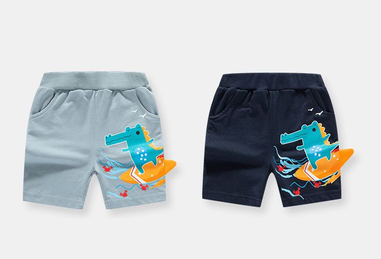 純棉休閒短褲-衝浪鱷魚-淺藍色