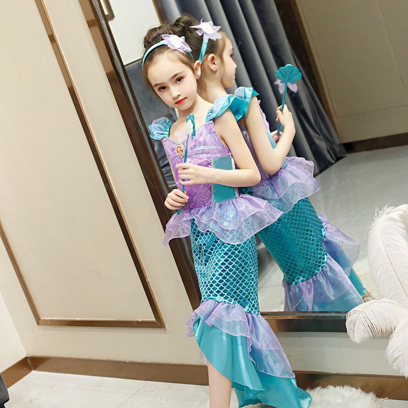 無袖造型連身公主裙-卡通人物-美人魚-藍綠+紫