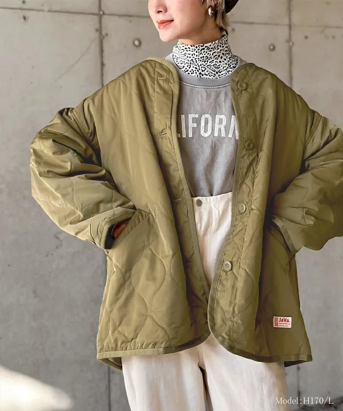 日本 Classical Elf - 簡約絎縫泡泡紋鋪棉外套-焦糖咖