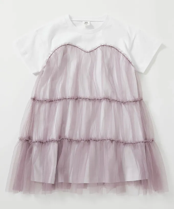 日本 devirock - 柔軟薄紗拼接甜美短袖洋裝-藍