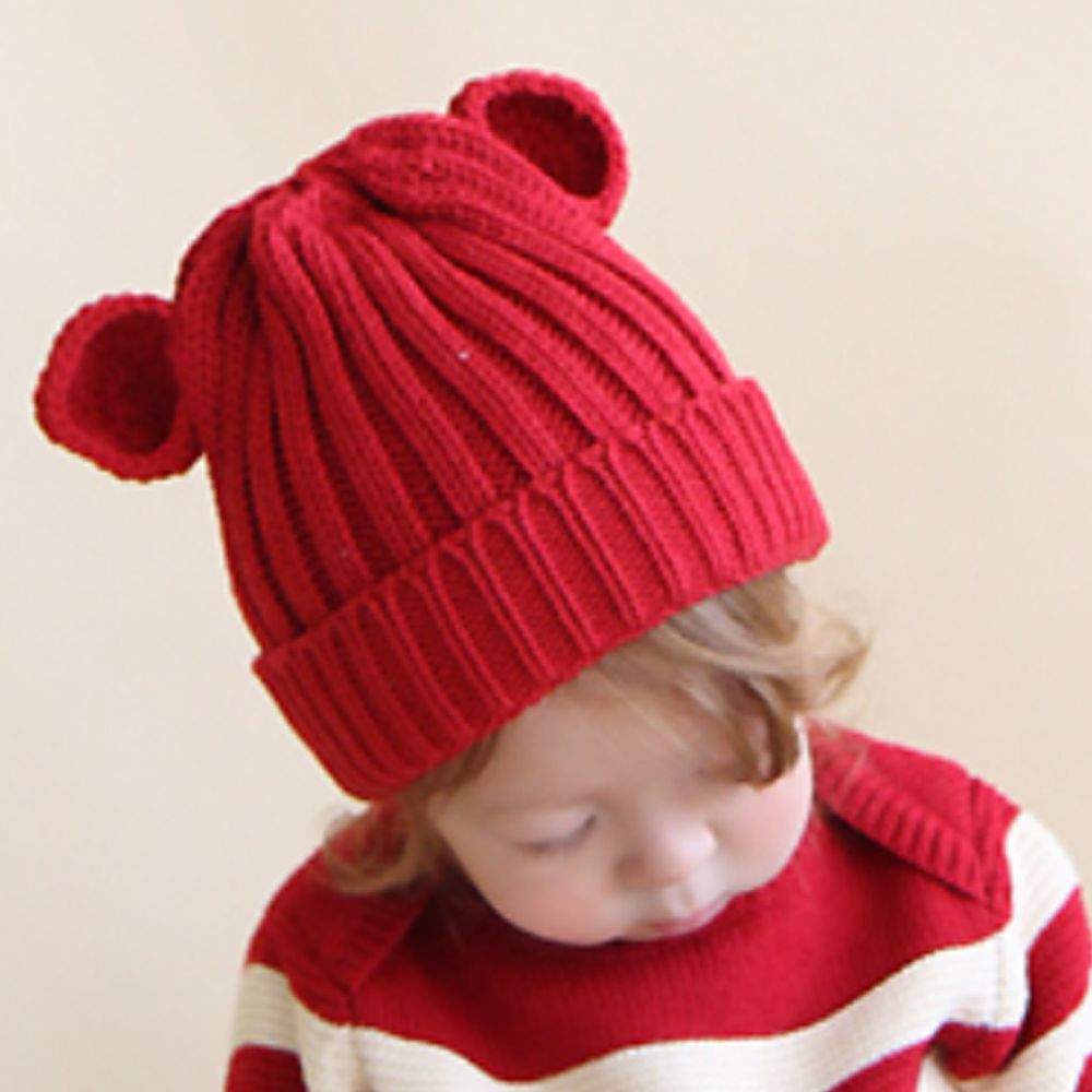 韓國 Babyblee - 小熊耳朵針織毛線帽-紅 (FREE)