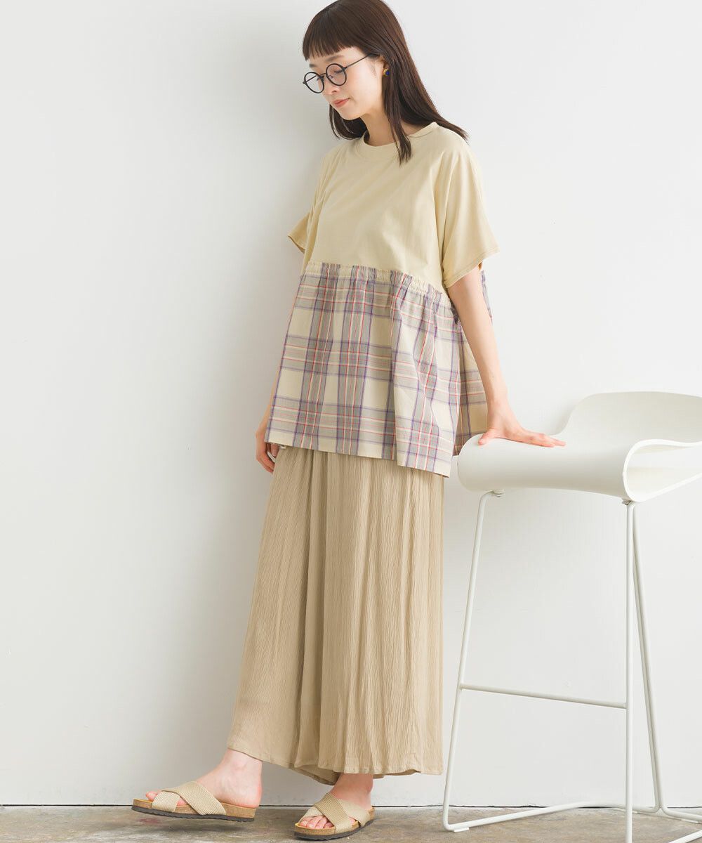 日本女裝代購 - 清新側綁帶拼接短袖上衣-卡其格紋