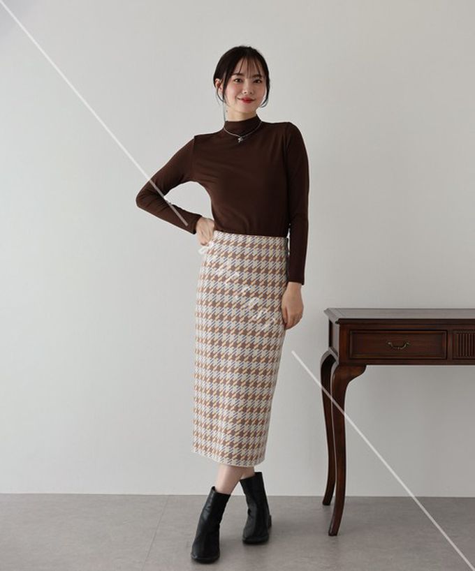 日本 BLUE EAST - 氣質千鳥格針織開叉合身長裙-黑灰