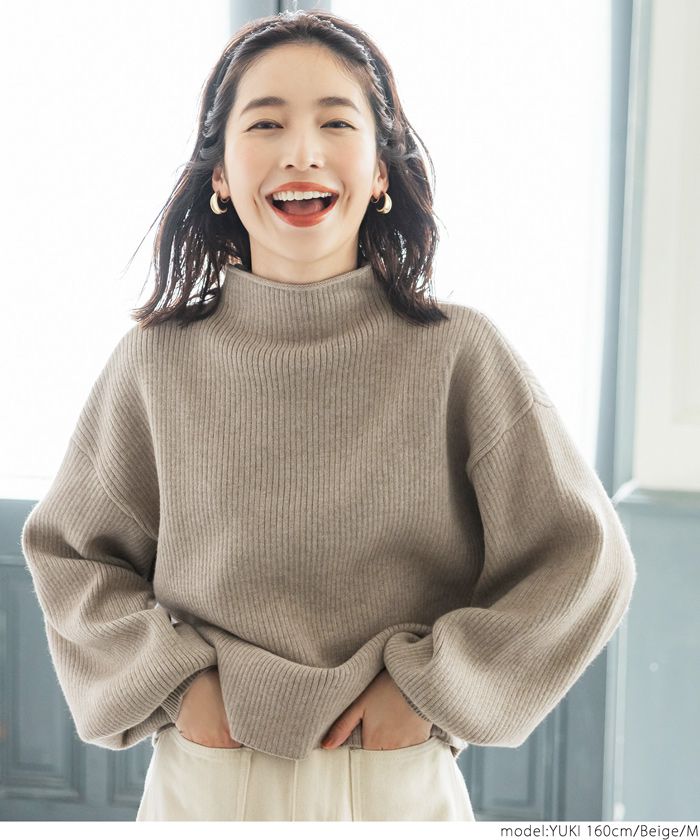 日本 COCA - 細坑紋立領寬鬆落肩針織毛衣-淺灰