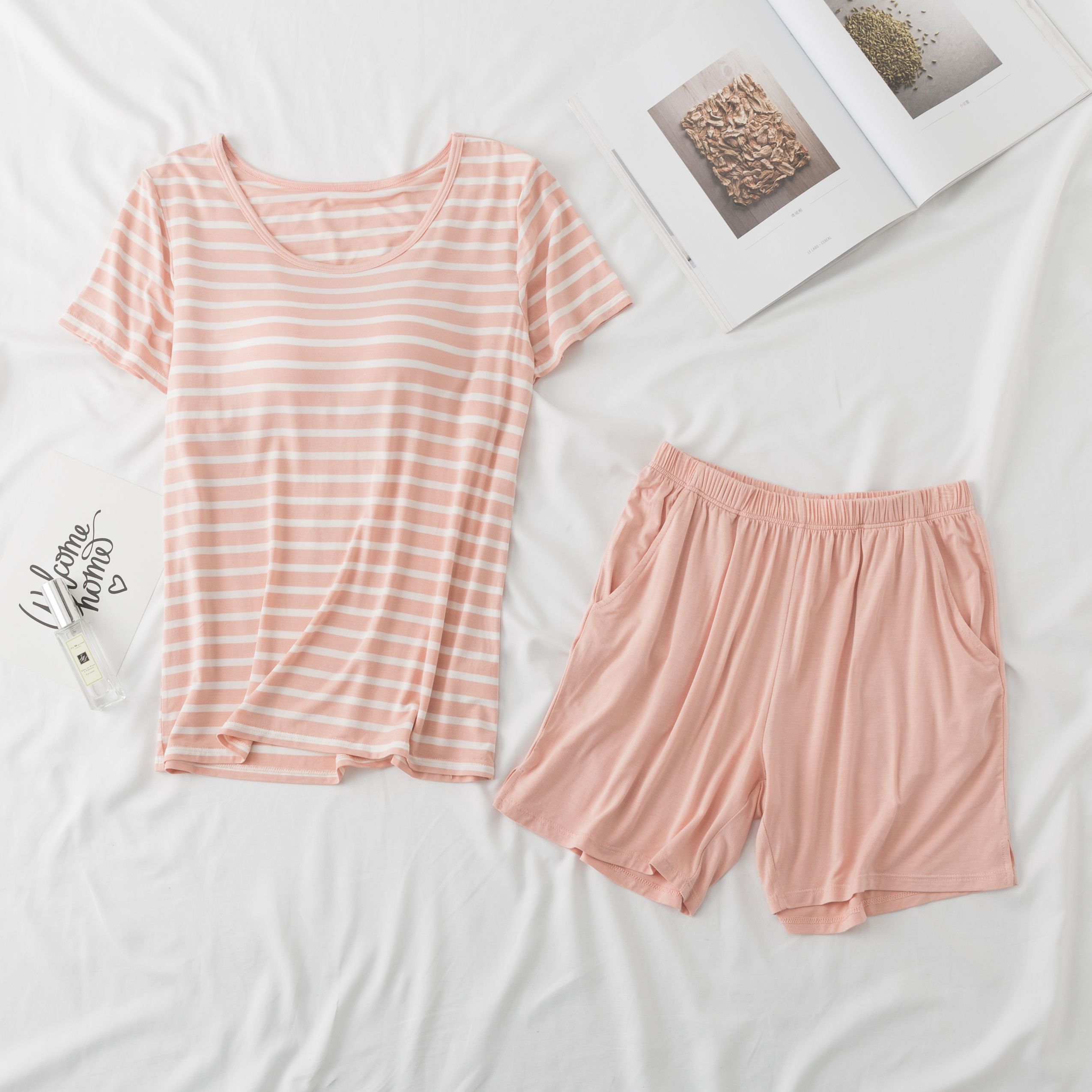 棉質柔軟涼感Bra T家居服-短褲套裝-綠白條紋