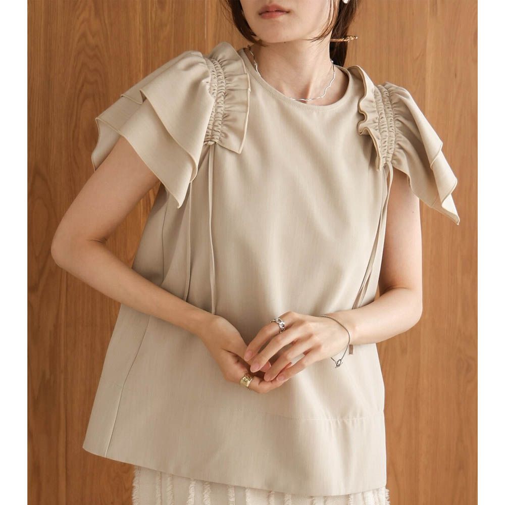 浪漫層次感荷葉短袖上衣-卡其杏 (M)