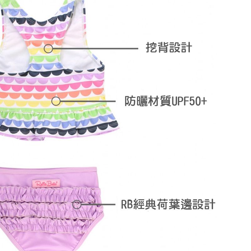 美國 RuffleButts - 小女童UPF 50+防曬兩件式無袖泳裝-七彩浪花