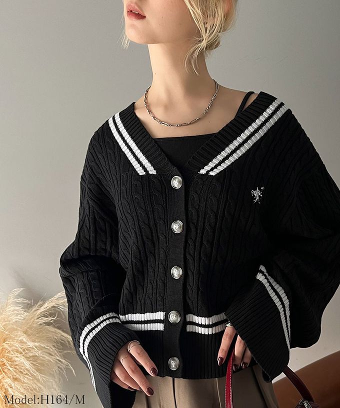 日本 Classical Elf - 顯瘦大V領麻花線條針織寬袖開襟衫-棕