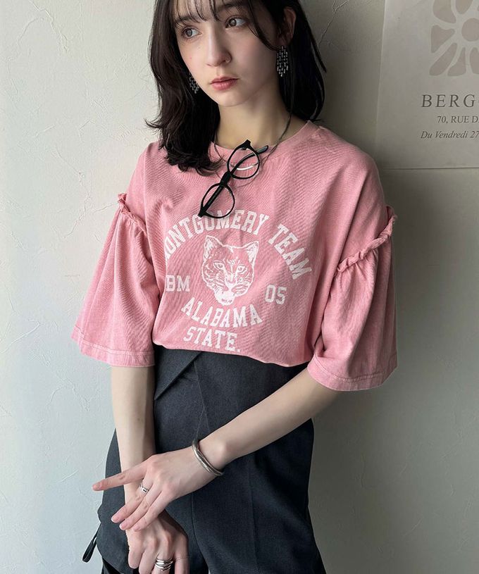 日本 Classical Elf - 貓科酷印花寬大荷葉五分袖上衣-靛藍