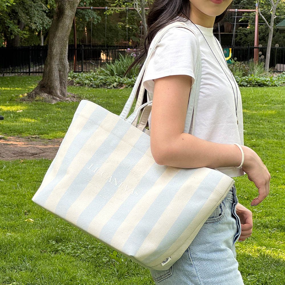 小眾設計 大容量帆布手提/肩背包-直條紋-天藍