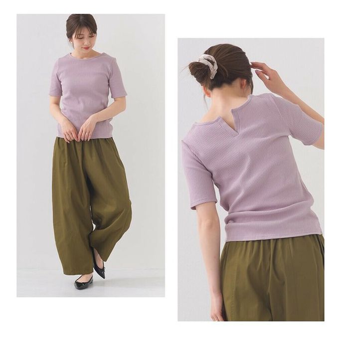 日本 OMNES - 接觸冷感 後頸V羅紋合身短袖上衣-淺紫