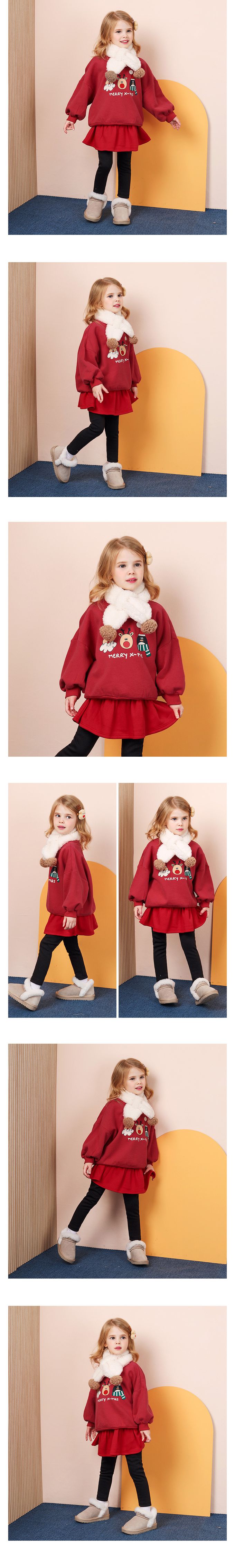 韓國 WALTON kids - (內磨毛)聖誕節可愛圖印長袖上衣-紅