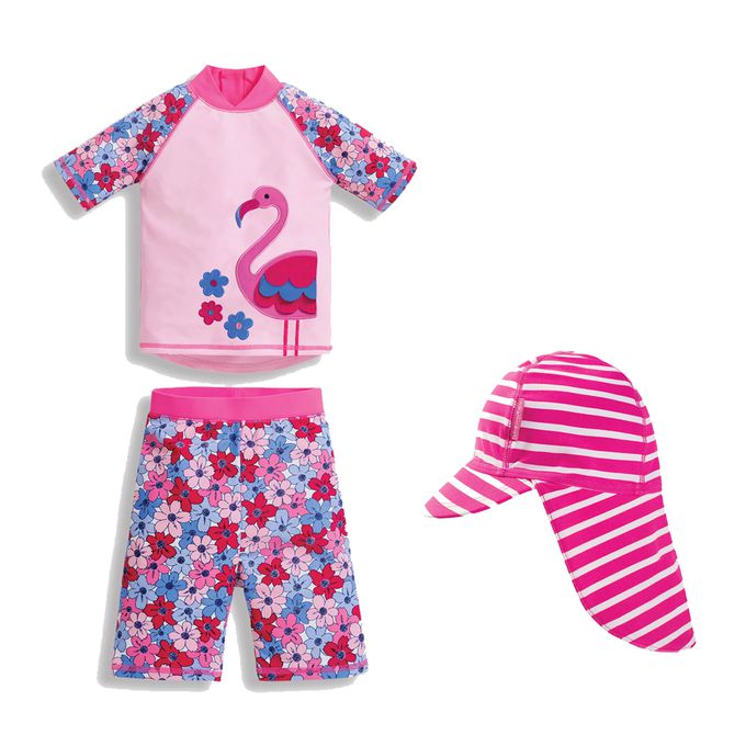 英國 JoJo Maman BeBe - 兩件式泳裝+防曬護頸遮陽帽-紅鶴_JJ-D8793+桃紅條紋_JJE5556