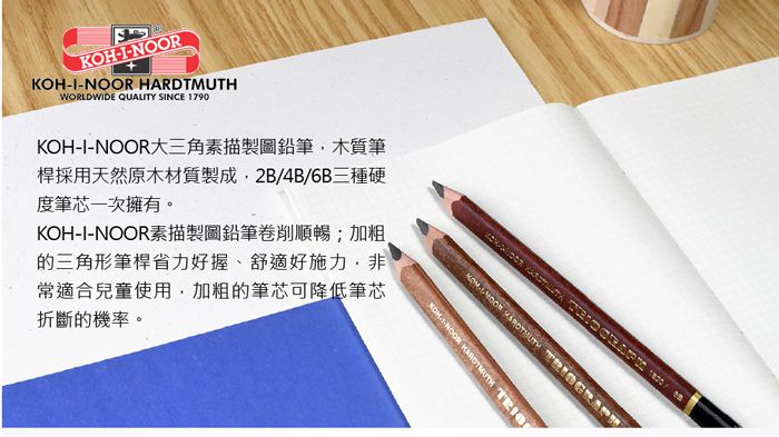 光之山Koh-i-noor - 捷克大三角素描製圖鉛筆組-原木-2B*1/4B*1/6B*1