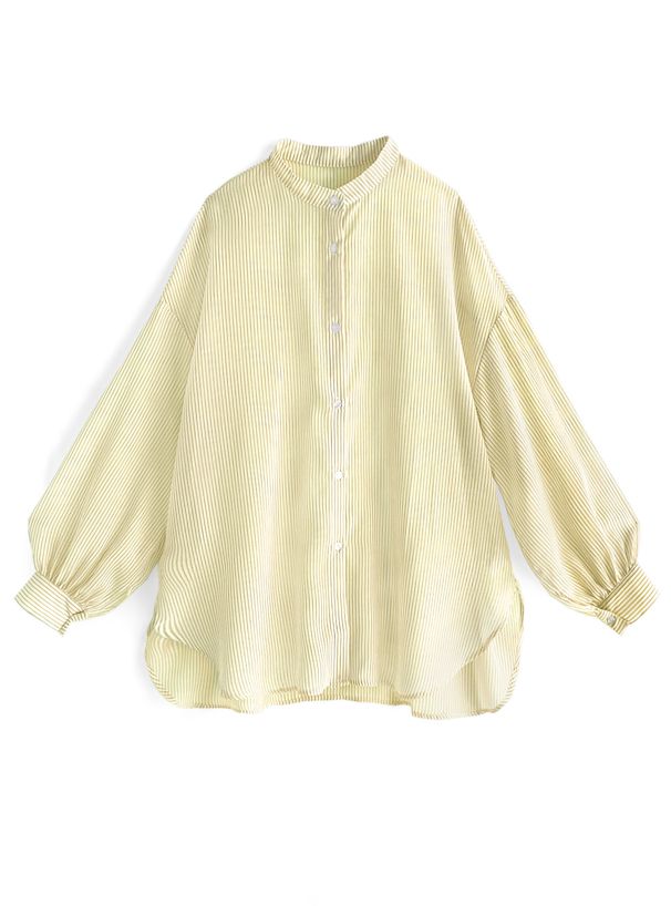 日本 GRL - 店員推薦 微透膚翻領長袖襯衫-直條紋-櫻花粉 (F)