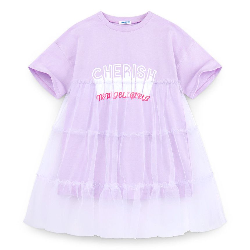 韓國 Jelispoon - 拼接網紗洋裝-淺紫