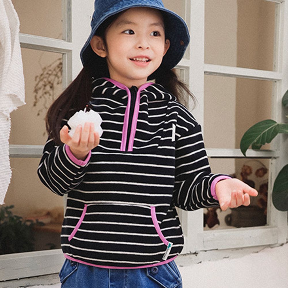 保暖加絨半開襟連帽長袖上衣-黑色條紋