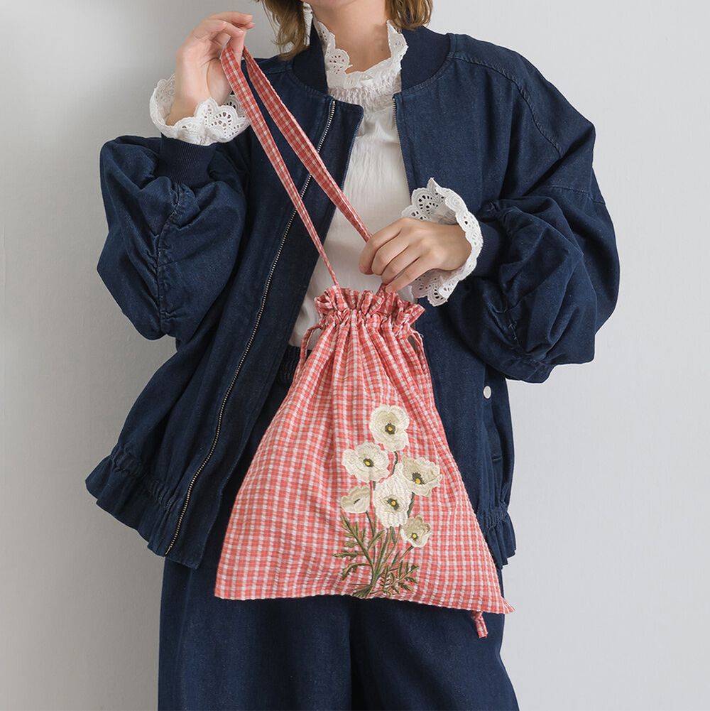 清新格紋花卉刺繡抽繩手提袋-紅x白花