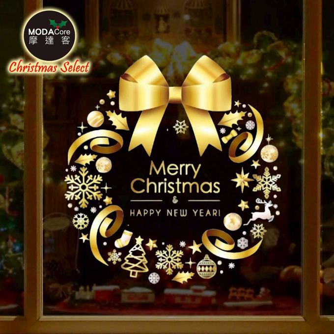 MODACore 摩達客 - 摩達客耶誕-金色3號蝴蝶結雪花聖誕花圈-靜電玻璃貼
