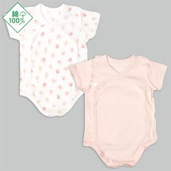 akachan honpo - 輕鬆方便短袖包屁衣2件組 前開式-兔子-粉紅色