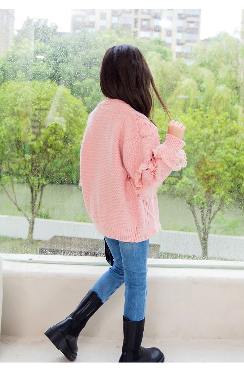 甜美蕾絲花邊針織毛衣外套-米杏